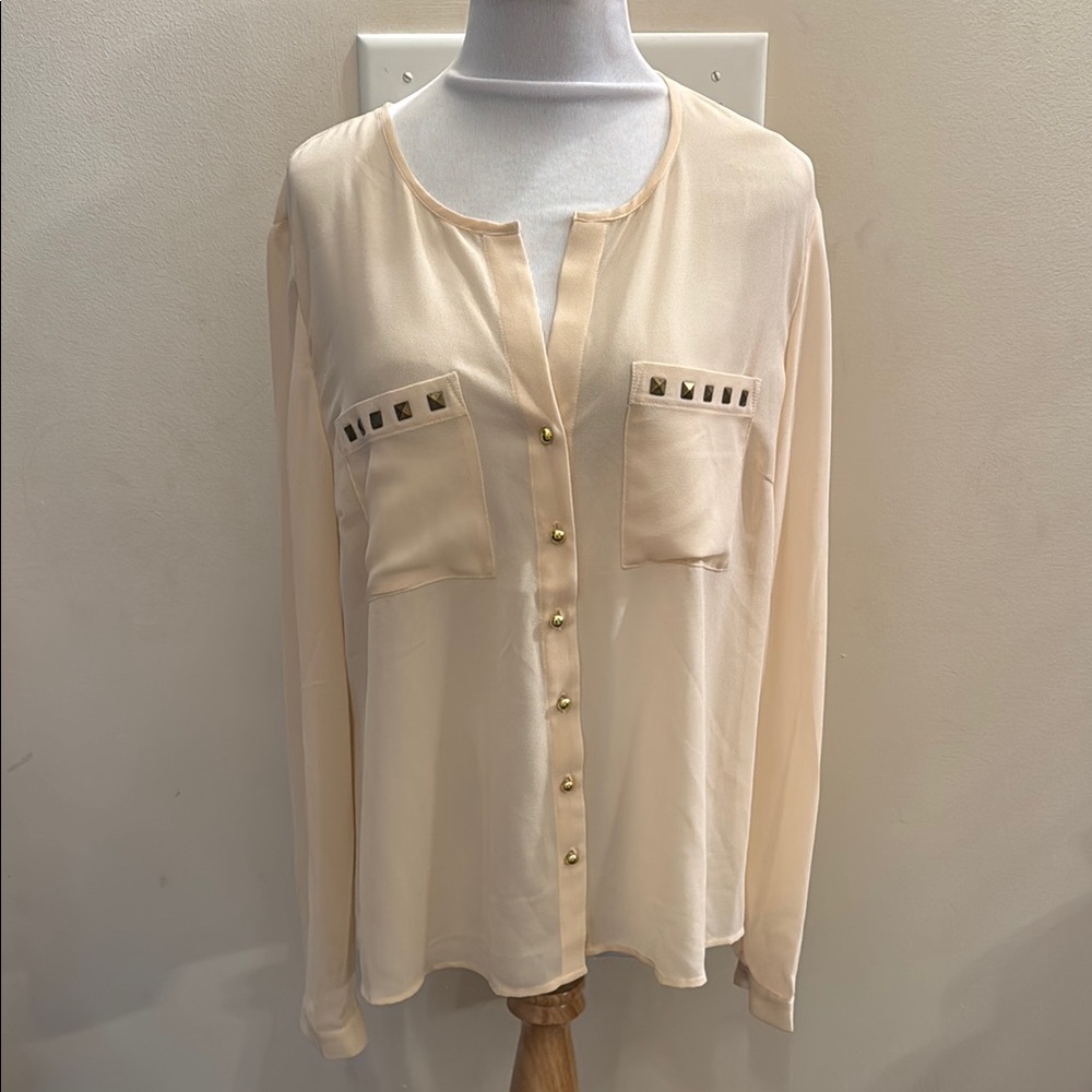 WD.NY Cream Sheer Long Sleeve Embellished Blouse